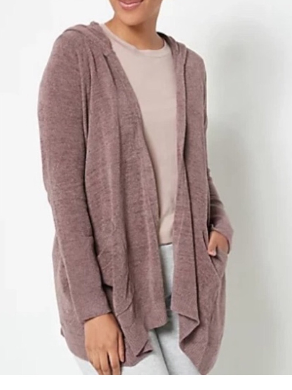 Barefoot Dreams CozyChic UltraLite Taupe/Cocoa (Dusty Rose) Hooded Cardi Large